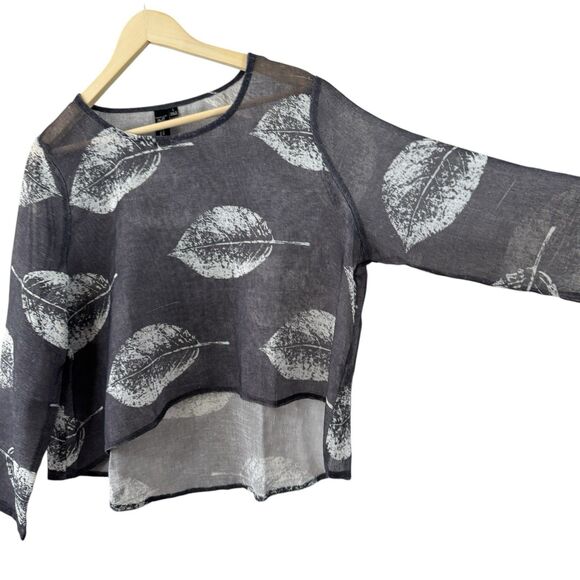 Focus Casual Life Large Top Crop Flowy Sheer Gray Leaf Pattern Lagenlook Womens - Picture 6 of 11